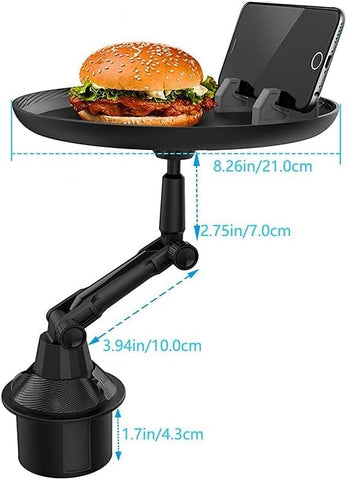 Cup Holder Tray for Car - Enjoy Your Meal and Stay Organized - Adjustable Car Tray Table with Surface, Phone Slot, and 360° Swivel Arm - Car Food Table for Cup Holders Wide (Long)