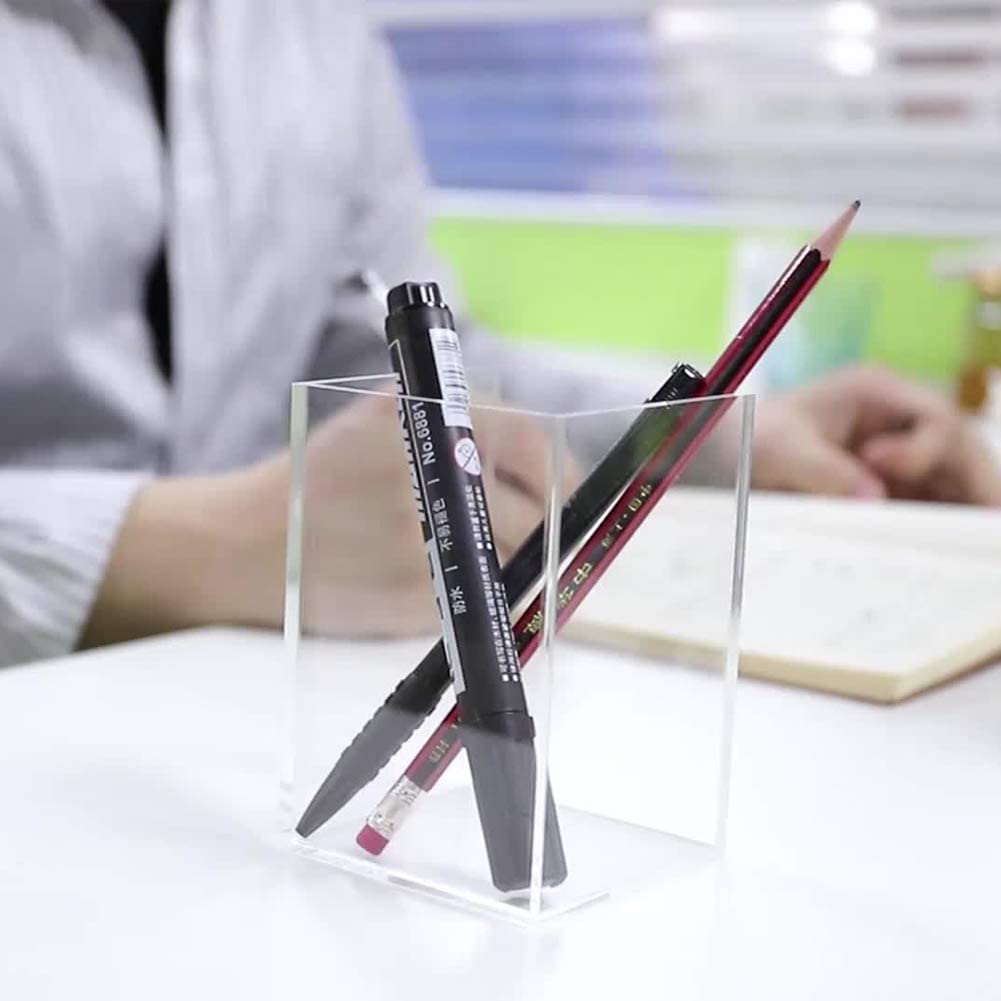 Acrylic Pen Holder, Clear Pencil Holder Makeup Brush Desk Organizer Pen Pot Stationery Organizer for Office Desk School, 6.5 * 6.5 * 10 cm