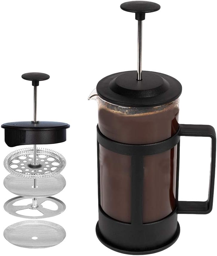 Bigg Coffee French Press Coffee and Tea Maker, Borosilicate Glass Coffee Press, Stainless Steel Filter, Durable and Heat Resistant, Black (350 ml, 11.80 oz, 2 Cup)
