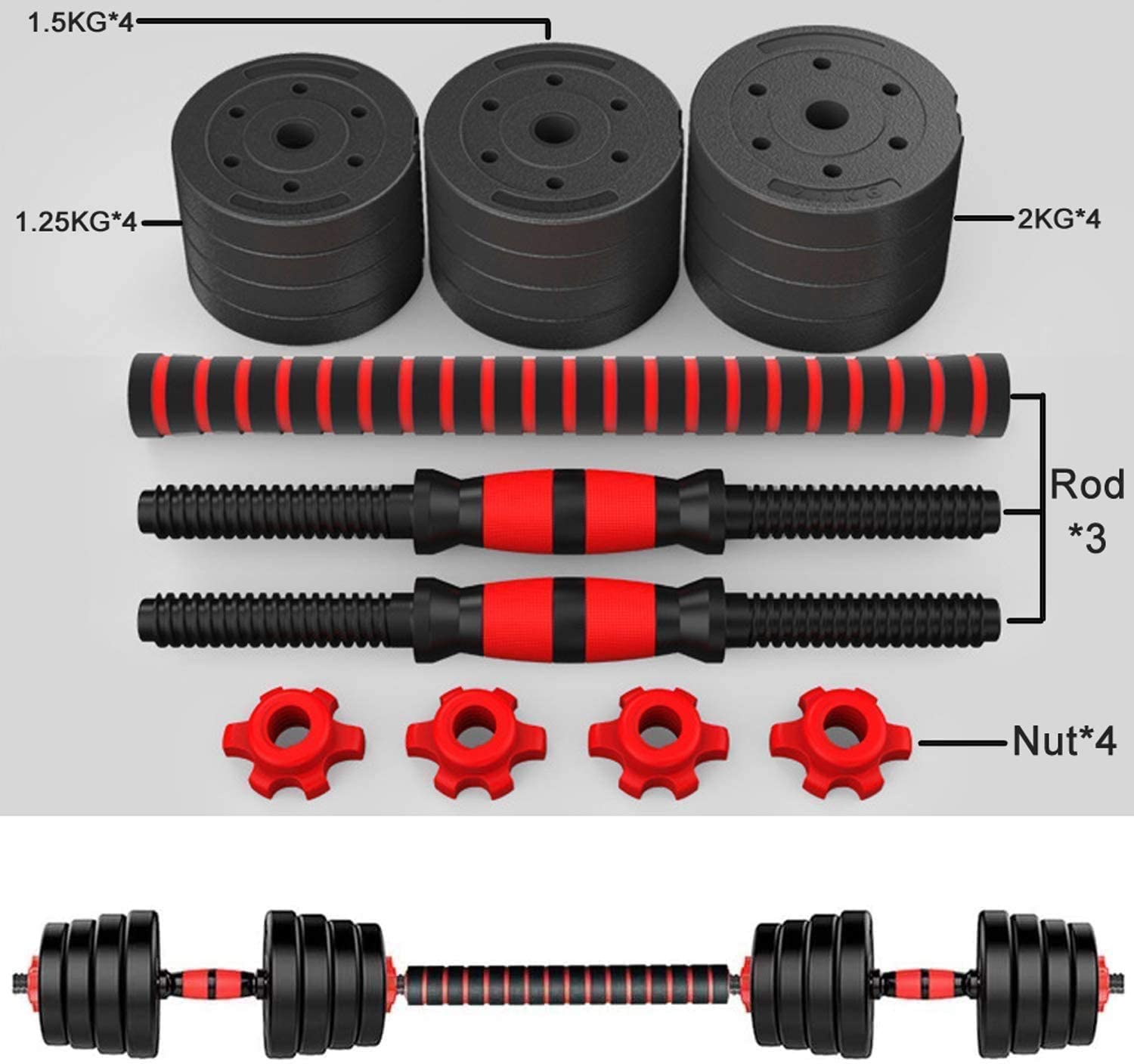 20kg dumbbell and Barbell Set Weightlifting fitness black cement steel rubber adjustable 20kgdumbbell and Barbell Set 2 in 1