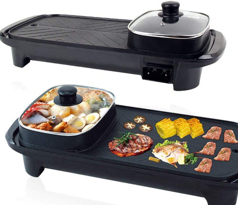 Smokeless Non-Stick Indoor 2 in 1 Electric BBQ Grill & Hot Pot Rectangular multi-functional shabu hot pot Electric Barbecue Oven for Party Family gathering(UK Plug)