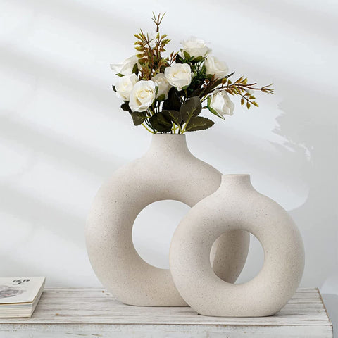 Set of 2 White Ceramic Vase, Round Matte Pampas Flower Vases Minimalist Nordic Boho Ins Style for Wedding Dinner Table Party Living Room Office Bedroom, Vase - Decorative Gift