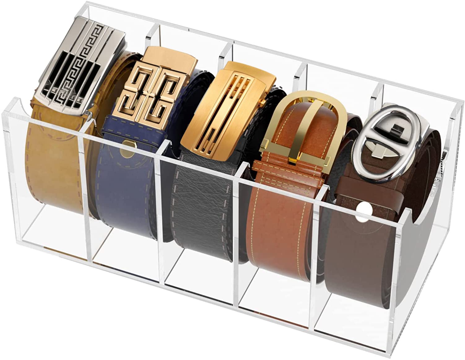Belt Organizer, Acrylic Belt Storage Holder for The Closet, 5 Compartments Display Case for Tie and Bow Tie, Belt Storage & Display Box (2021111912)