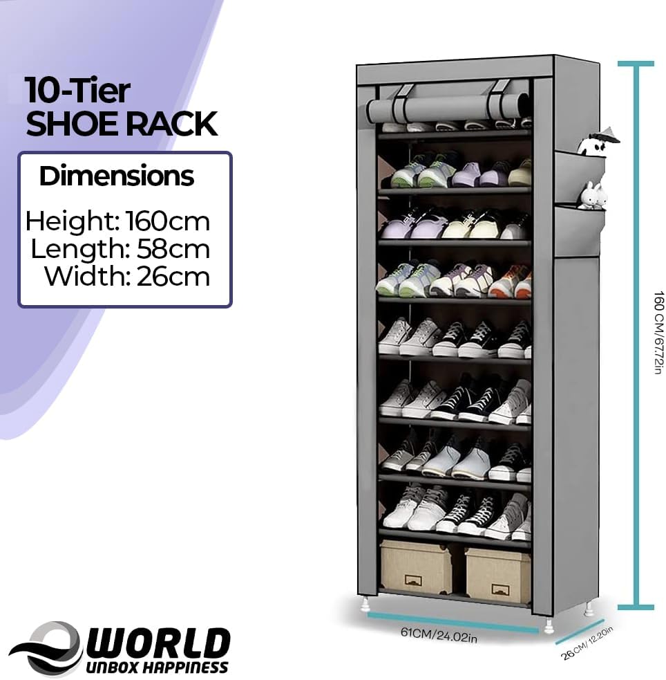 10-Tier Shoe Rack Canvas Shoe Storage Cabinet for 27 Pairs Shoes, Shoe Rack Standing for Living Room, Hallway, Shoe Organizer with Dustproof Cover, Grey 61 x 26 x 160cm.