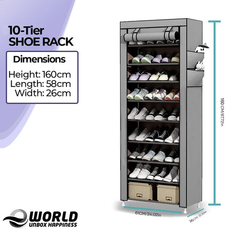 10-Tier Shoe Rack Canvas Shoe Storage Cabinet for 27 Pairs Shoes, Shoe Rack Standing for Living Room, Hallway, Shoe Organizer with Dustproof Cover, Grey 61 x 26 x 160cm.