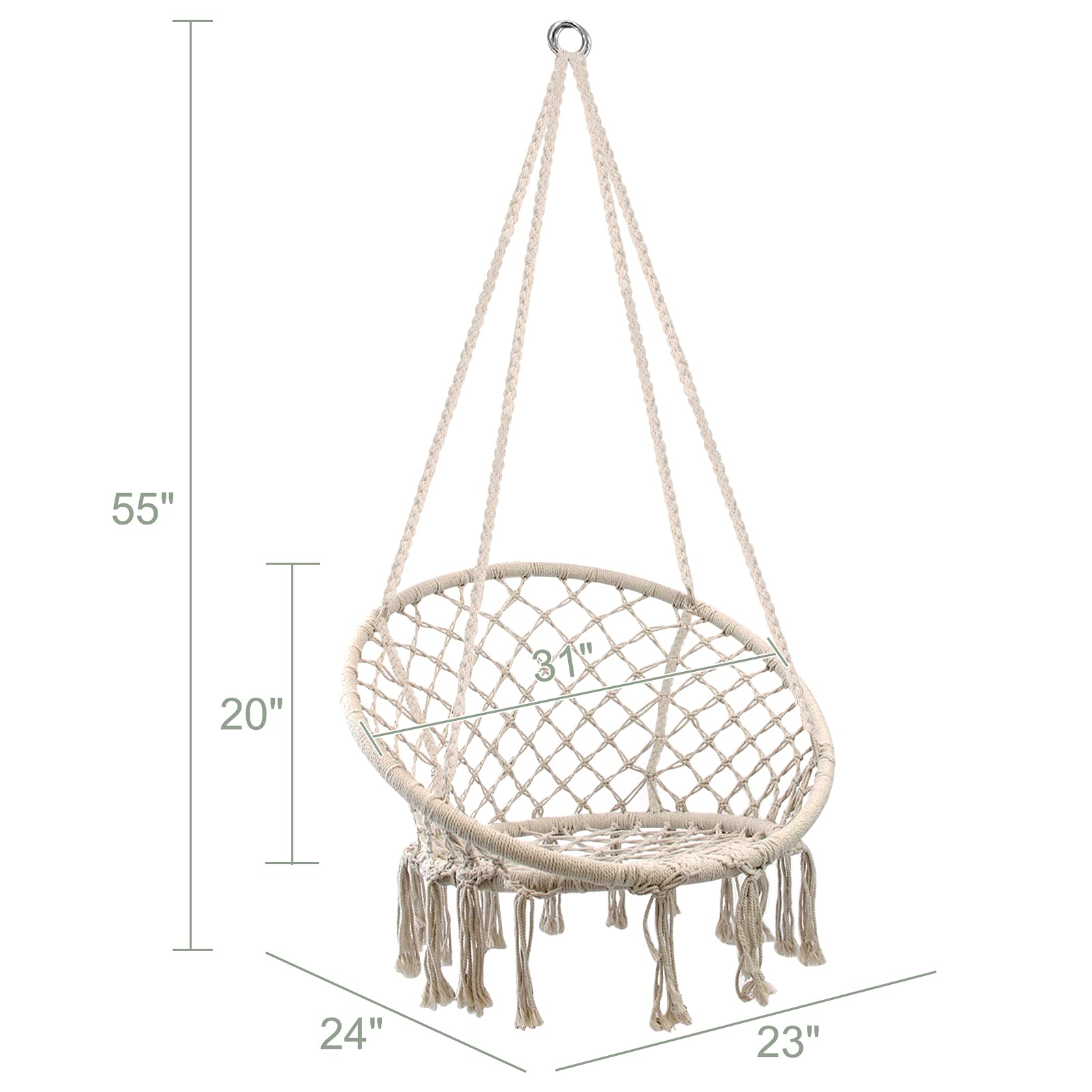 WBHome Hammock Chair Swing w/Hardware Kit, Cotton Rope Hanging Macrame Swing Chair for Bedroom, Patio, Yard, Indoor, Outdoor, Max Weight 265 Lbs (Beige)