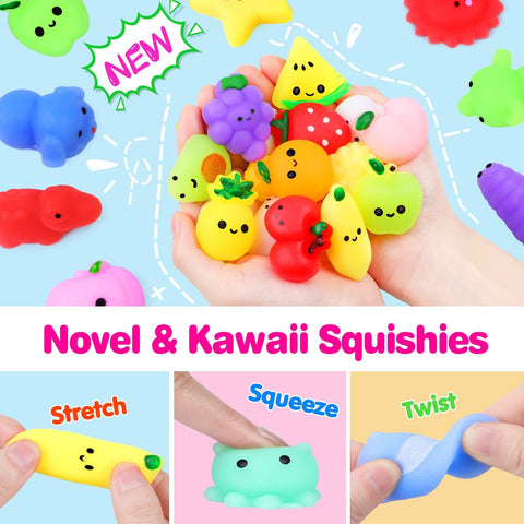 65PCS Mochi Squishy Toys for Kids Party Favors Fruit Animal Mini Squishies Stress Relief Toys Easter Egg Fillers Goodie Bag Stuffers Classroom Prizes Kids Valentines Xmas Gifts for Boys Girls, Random