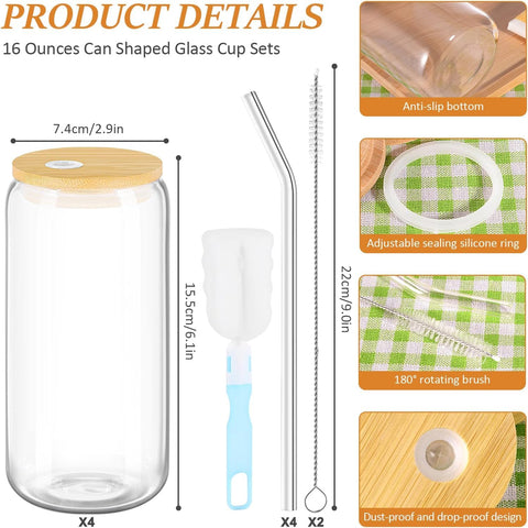 Drinking Glasses with Bamboo Lids and Glass Straw - 16oz Can Shaped Glass Cups, Iced Coffee Glasses, Cute Tumbler Cup, and Ideal for Cocktail with 2 Cleaning Brushes. (Pack of 4).