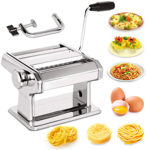 Stainless Steel Pasta Maker Machine, 7 Adjustable Thickness Settings Roller & 2 Width Blades Dough Cutter for Spaghetti, Lasagna or Ravioli Skins