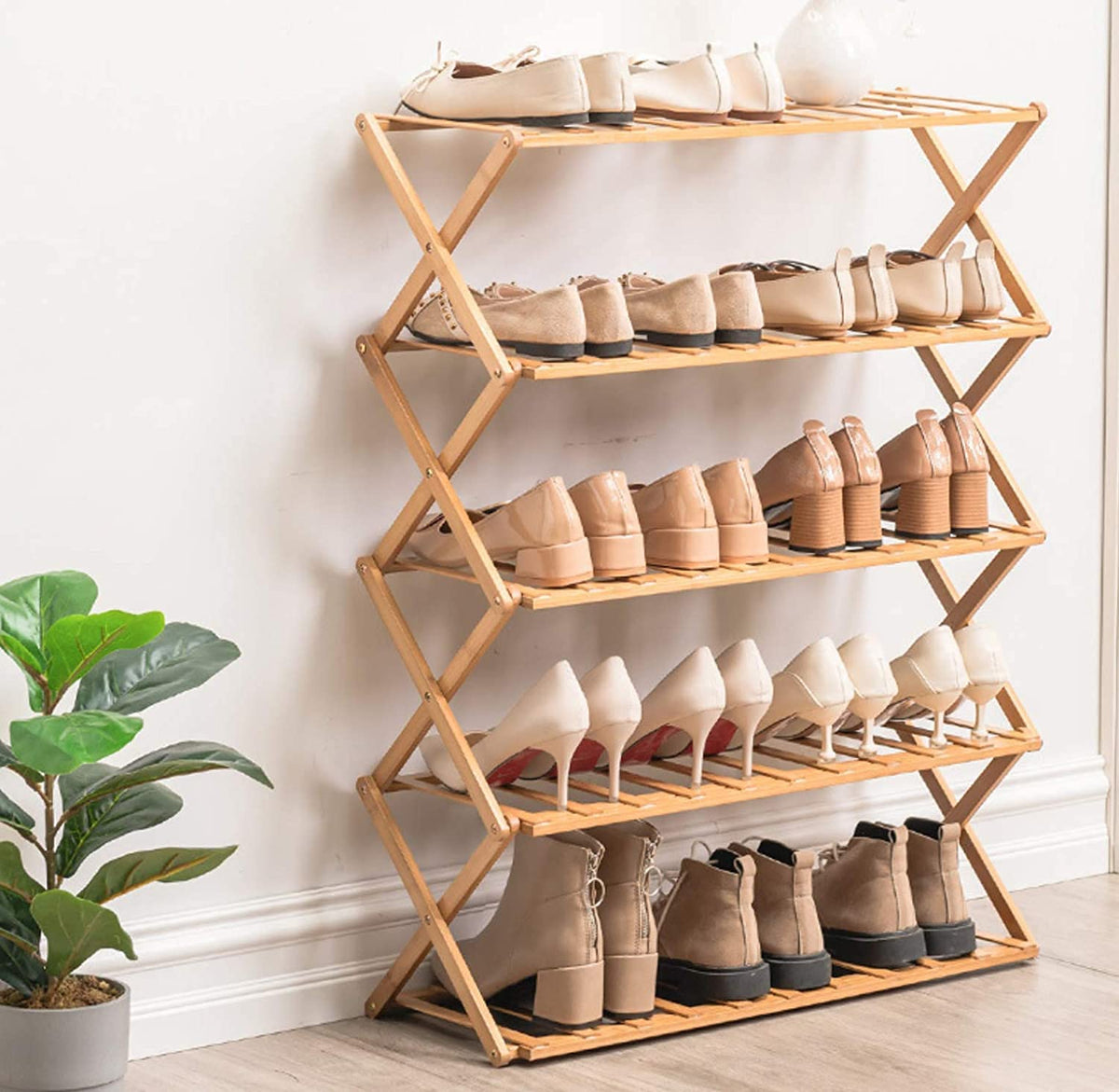 Home Storage Rack (Shoe Rack- Brown) Bamboo 5-Tier Shoe Shelf Foldable Shoe Rack Multi-functional Free Standing Shoe Shelf Storage Organizer Shoe Holder