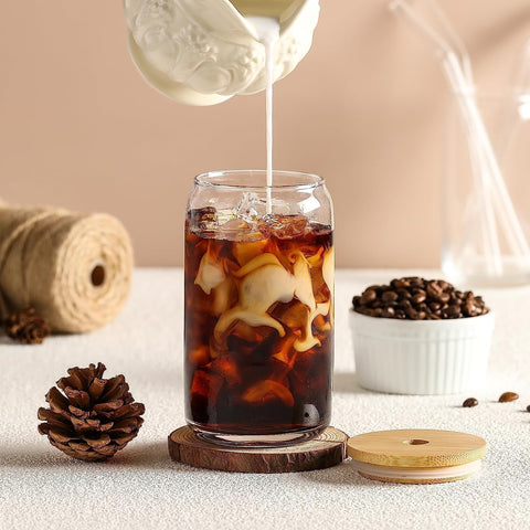 Drinking Glasses with Bamboo Lids and Glass Straw - 16oz Can Shaped Glass Cups, Iced Coffee Glasses, Cute Tumbler Cup, and Ideal for Cocktail with 2 Cleaning Brushes. (Pack of 4).