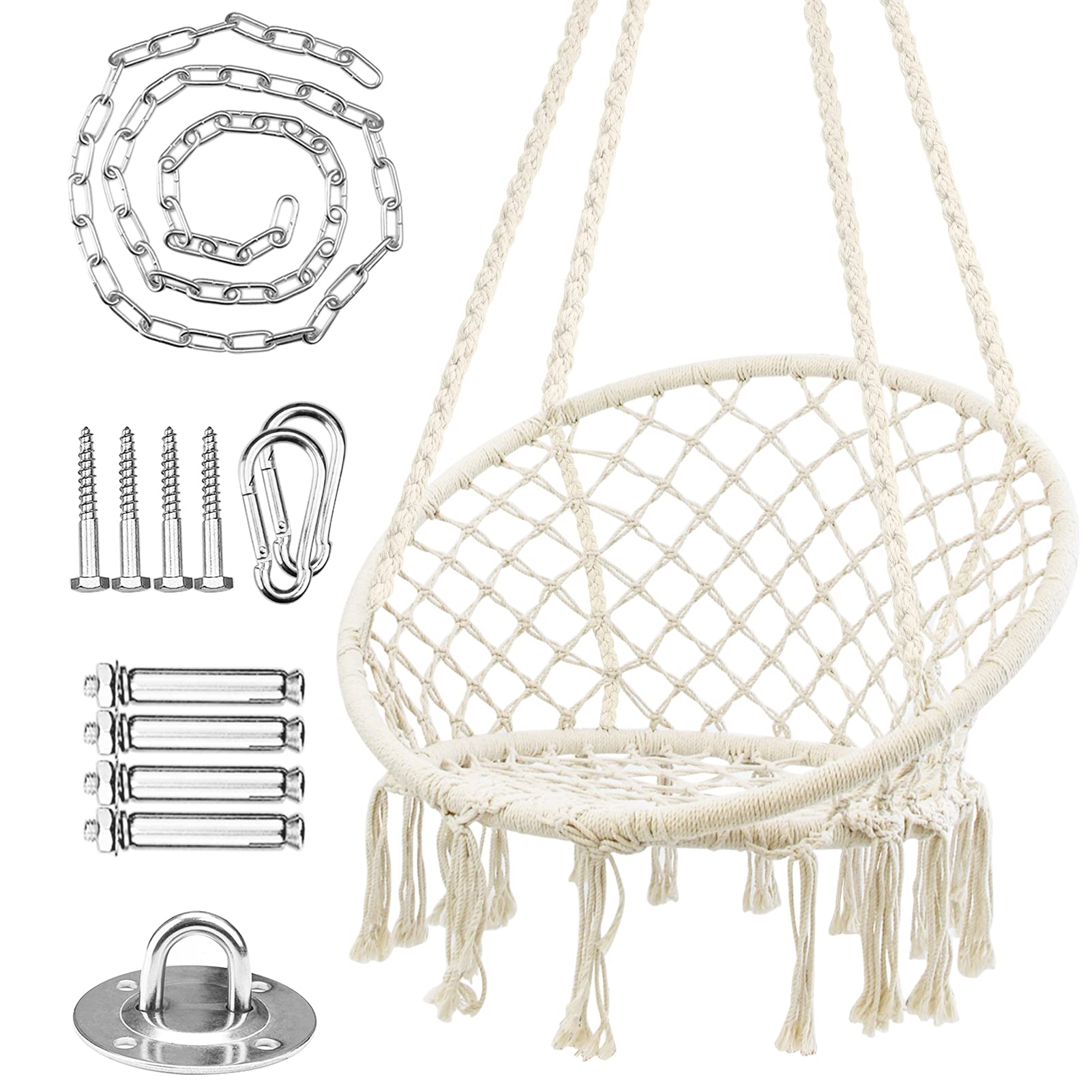 WBHome Hammock Chair Swing w/Hardware Kit, Cotton Rope Hanging Macrame Swing Chair for Bedroom, Patio, Yard, Indoor, Outdoor, Max Weight 265 Lbs (Beige)