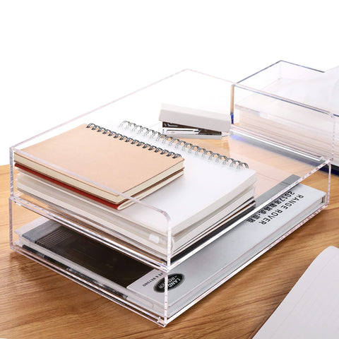 Paper Organizer Tray, Clear Acrylic Desk Organizers and Accessories, Stackable Classroom File Storage, Letter Size Workspace Office Organization- L12.4 x W8.8 x H2.6 Inch x 2 Pack 2 Tier